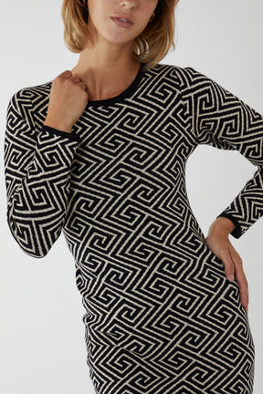 Geometric Print Crew Neck Bodycon Dress