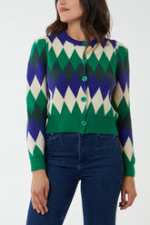Argyle Pattern Puff Sleeve Cardigan