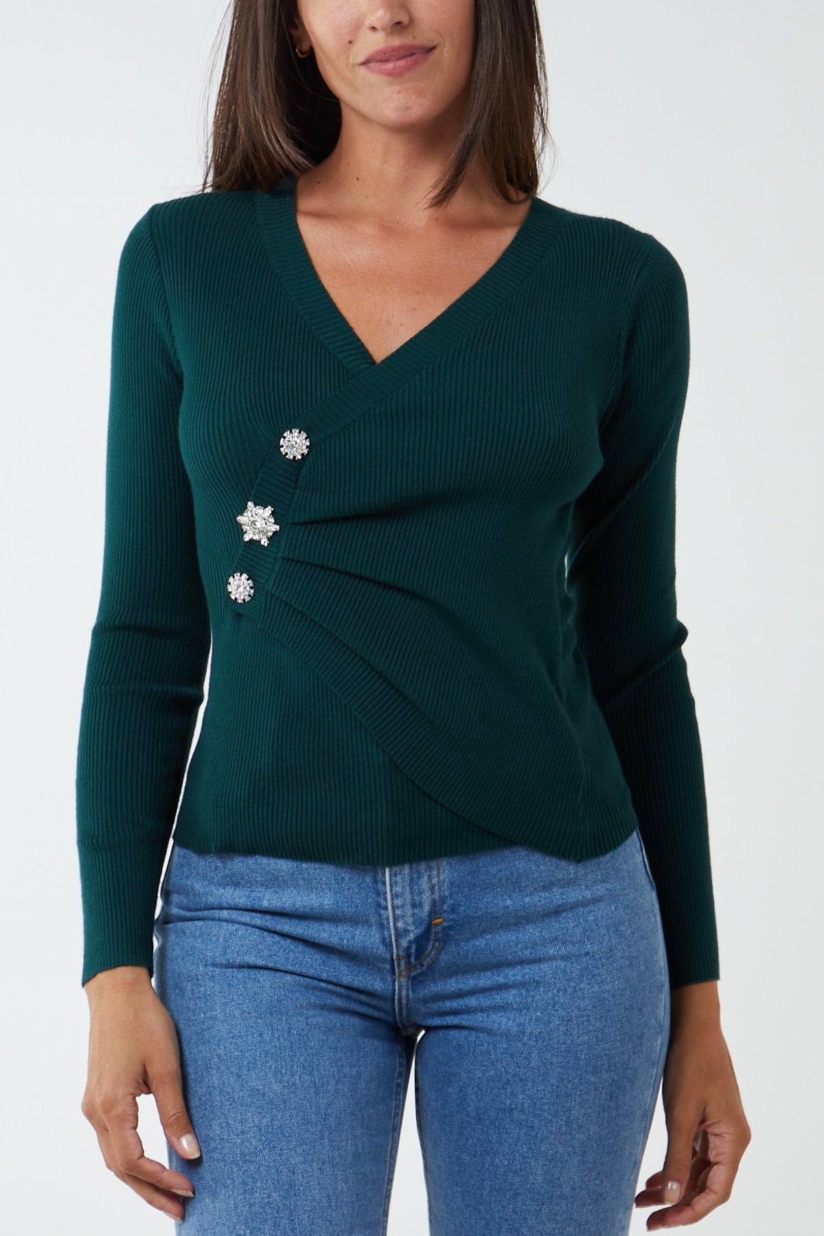 Jewelled Button Cross Over Ribbed Top