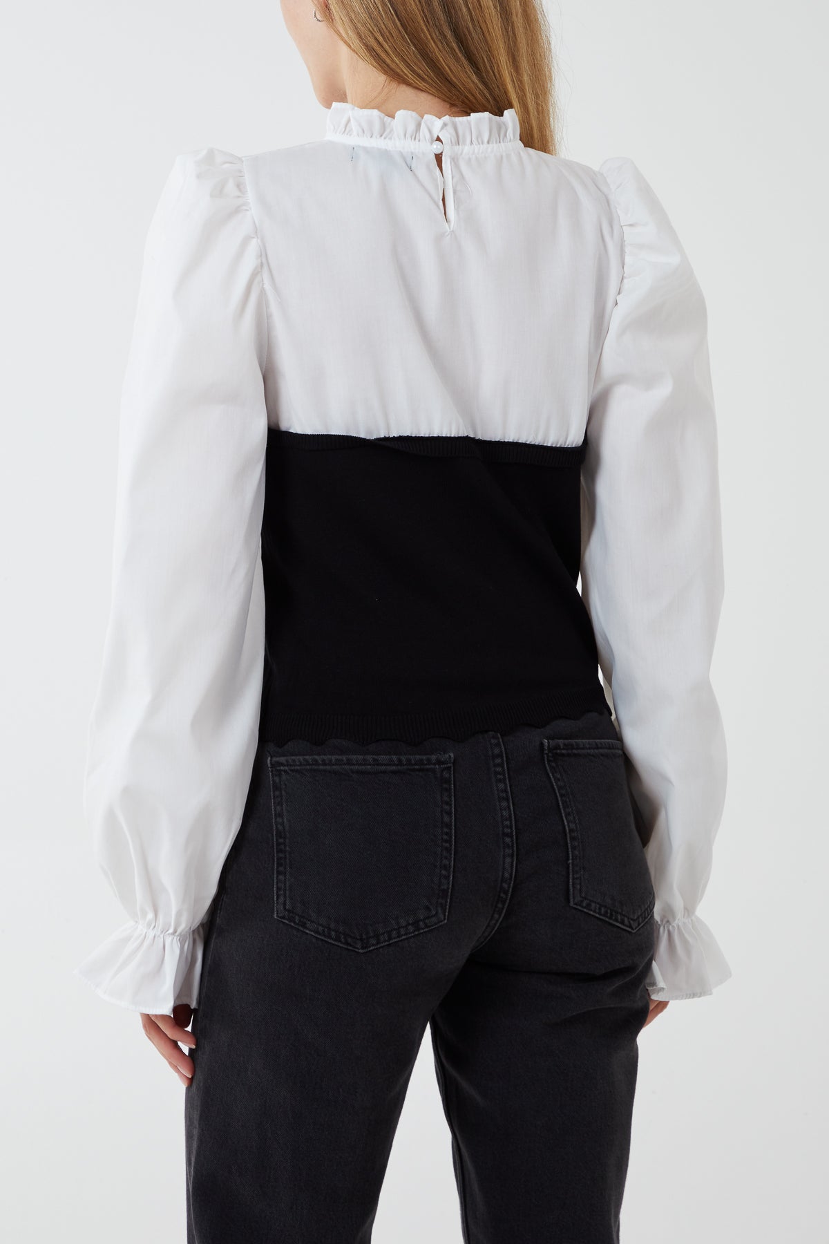 Corset Detail Frill Collar Puff Sleeve Shirt