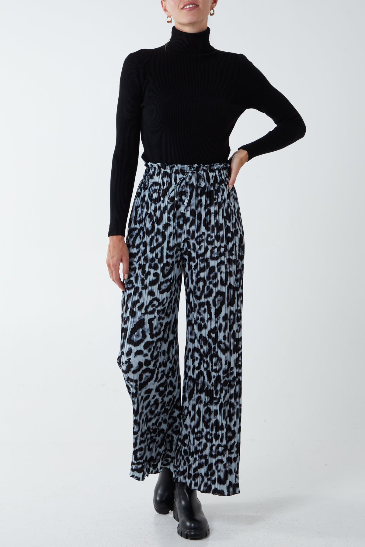 Leopard Print Pleated Wide Leg Trousers