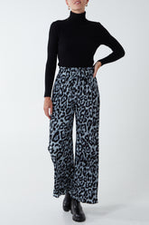 Leopard Print Pleated Wide Leg Trousers
