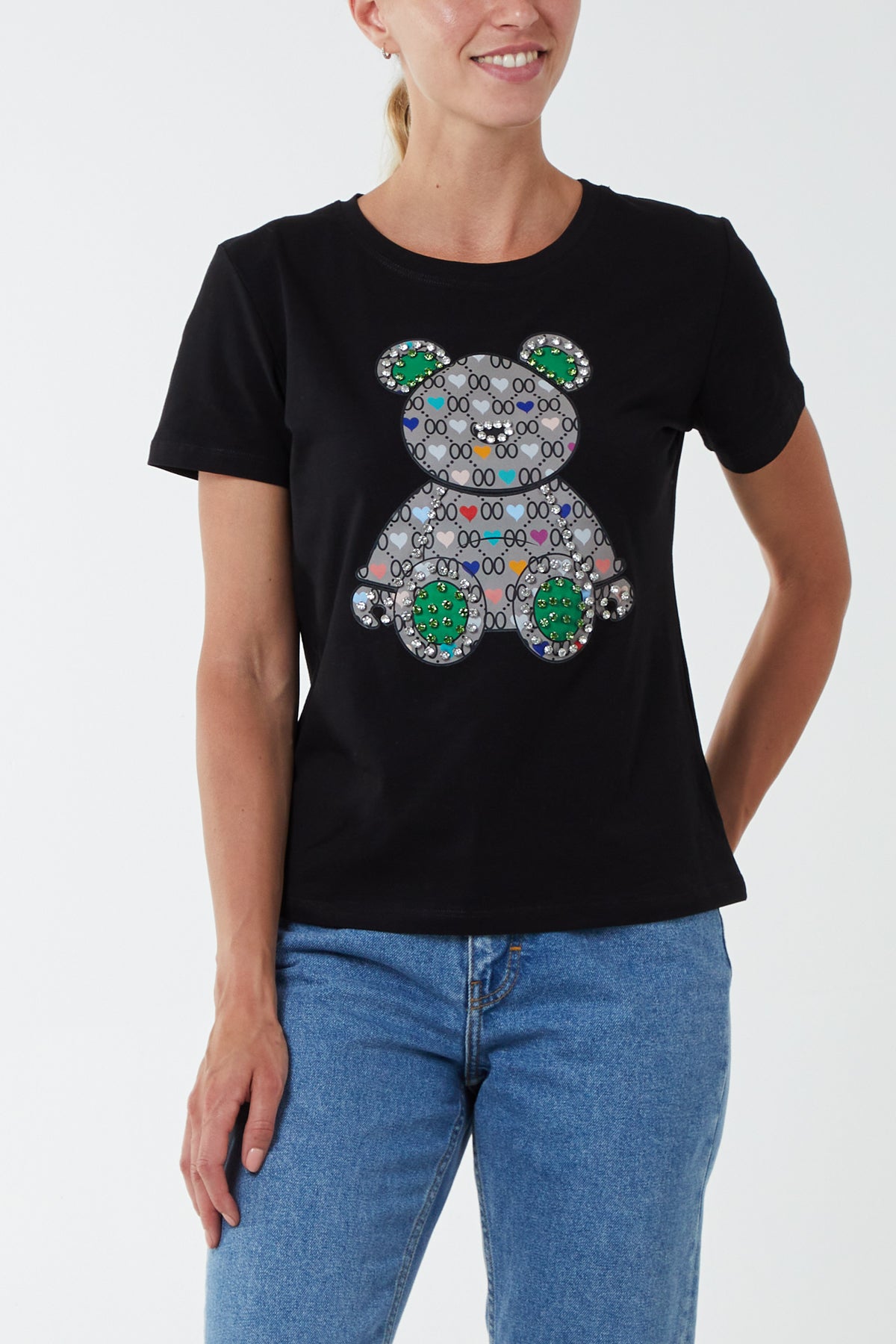 Diamante Teddy Bear Patchwork T-Shirt