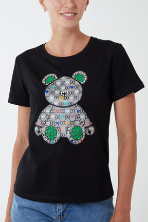 Diamante Teddy Bear Patchwork T-Shirt