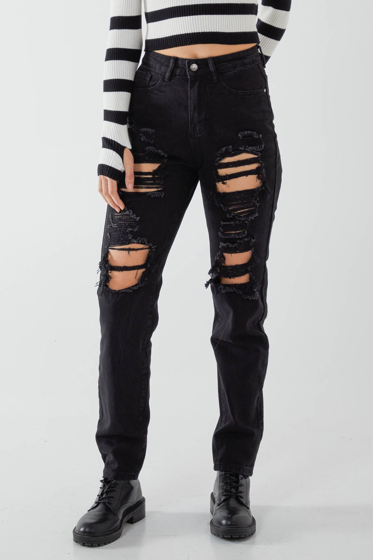 Distressed Ripped Straight Denim Jeans