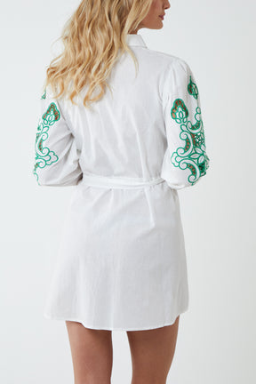 Embroidered Sleeve Detail Shirt Dress