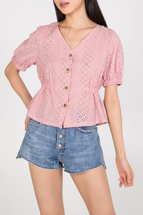 Broderie V-Neck Button Down Blouse
