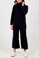 Ribbed Knit Roll Neck Jumper & Wide Trouser Set