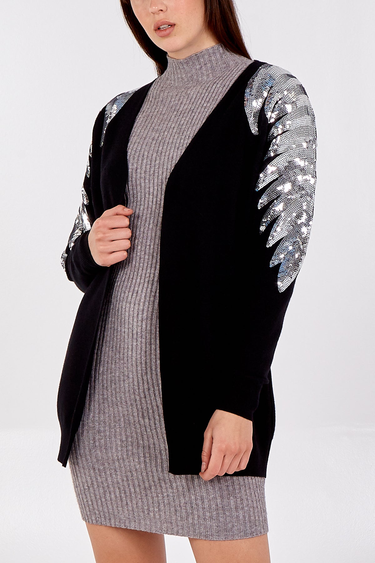 Open Front Cardigan With Silver Sequin Sleeve Detail