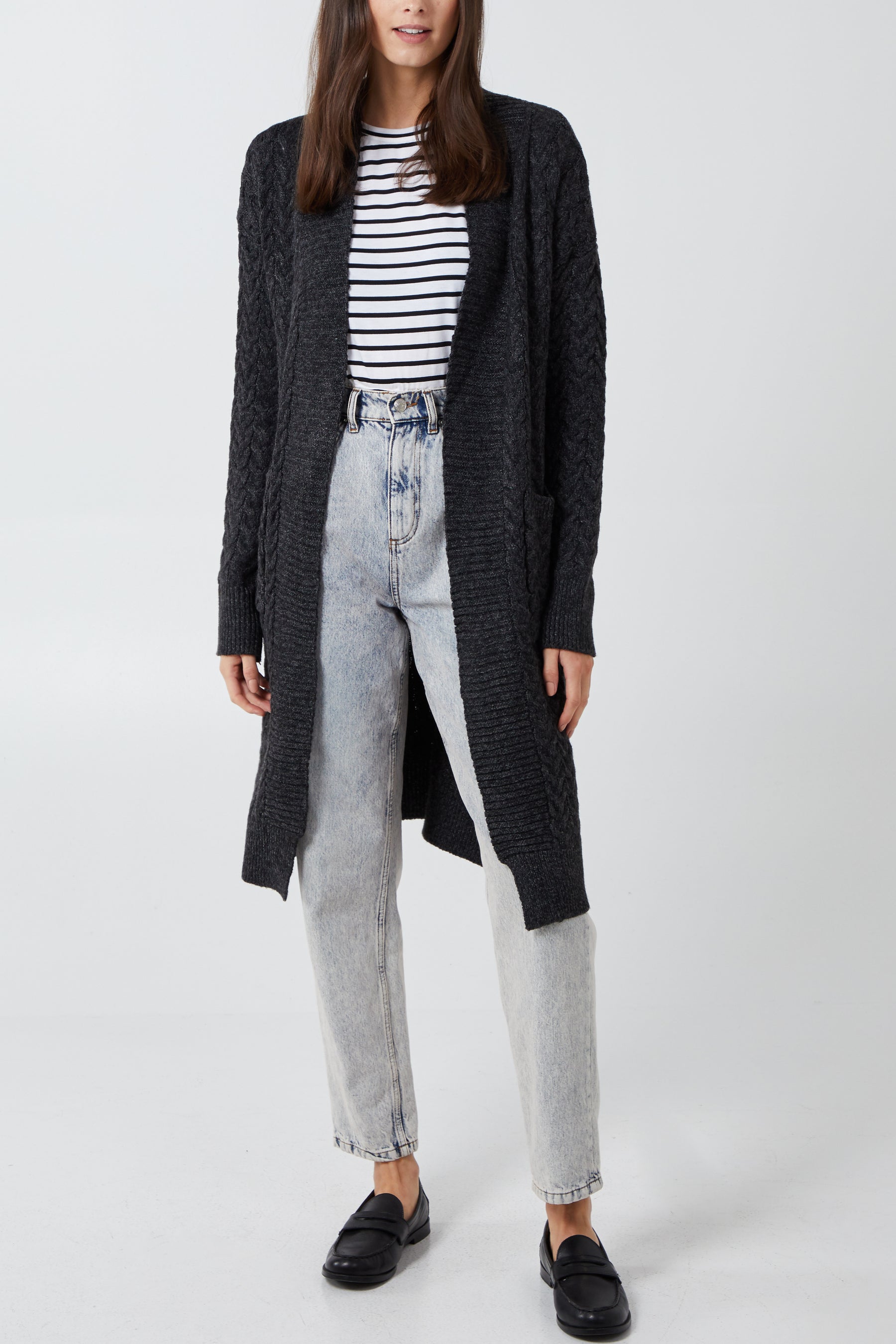 Chunky Cable Longline Cardigan With Pockets