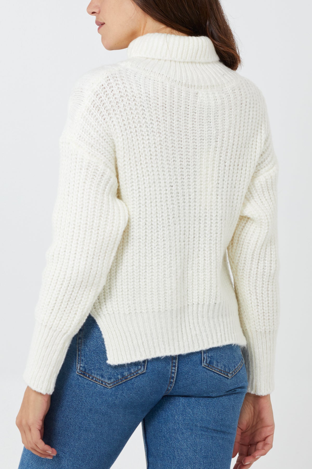 Cropped Roll Neck Cable Knit Jumper