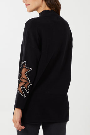 High Neck Jumper With Star Mesh Sleeves