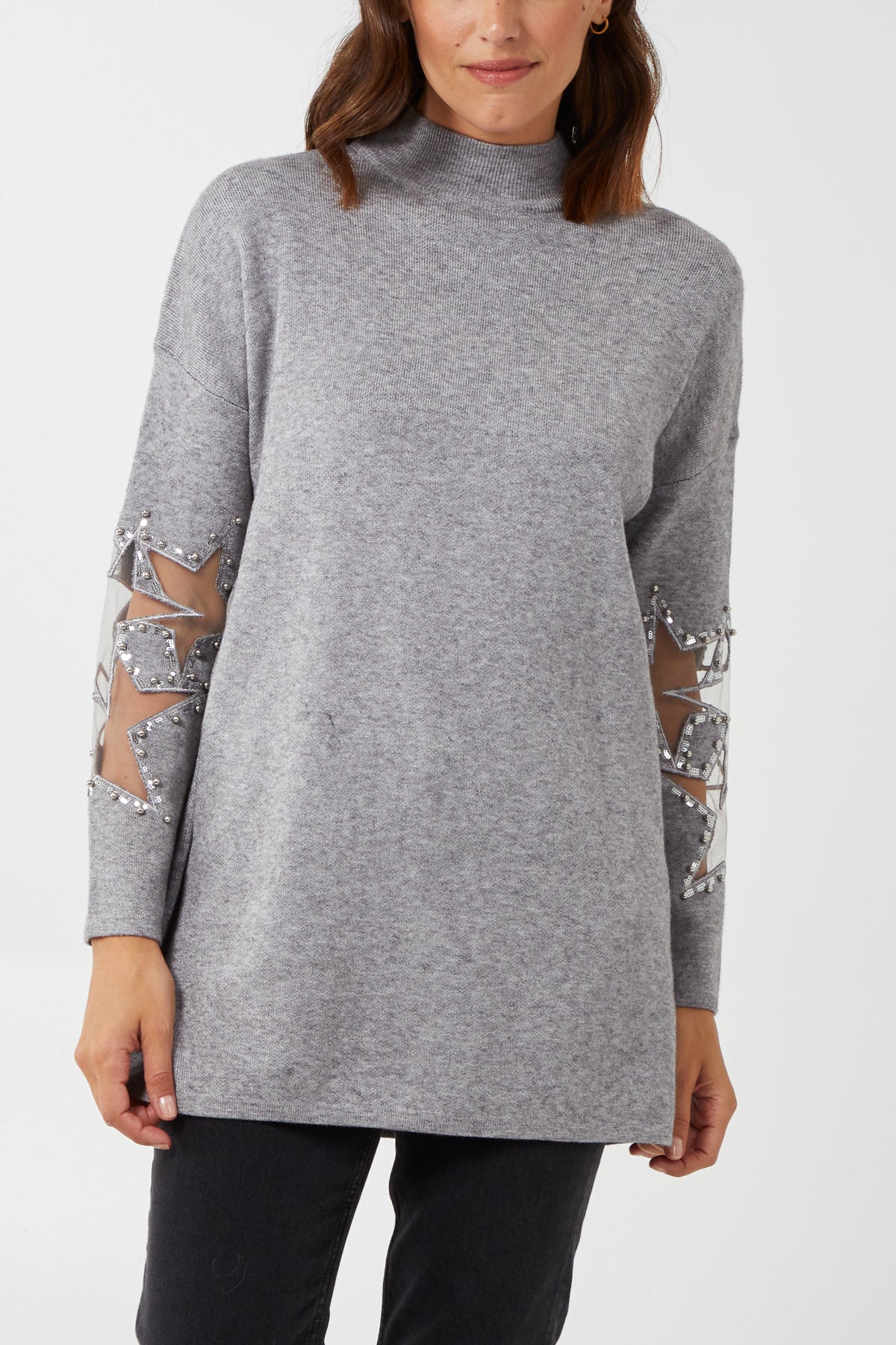 High Neck Jumper With Star Mesh Sleeves