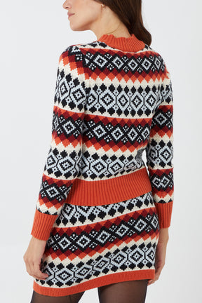 Geometric Print Knitted Jumper & Skirt Set