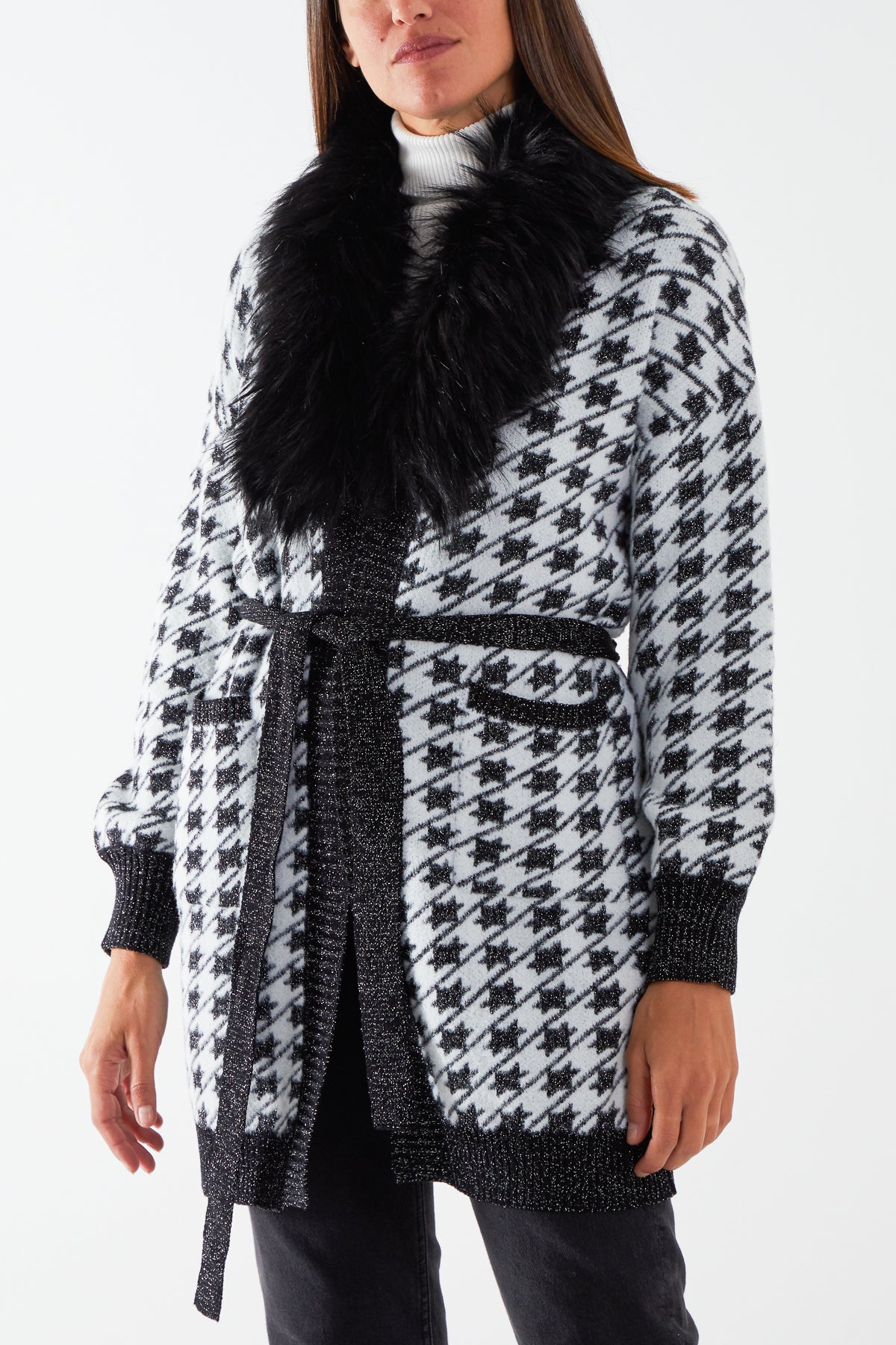 Detachable Faux Fur Super Soft Touch Lurex Patterned Belted Cardigan