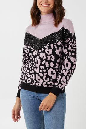 Animal Print And Sequined Detail High Neck Jumper