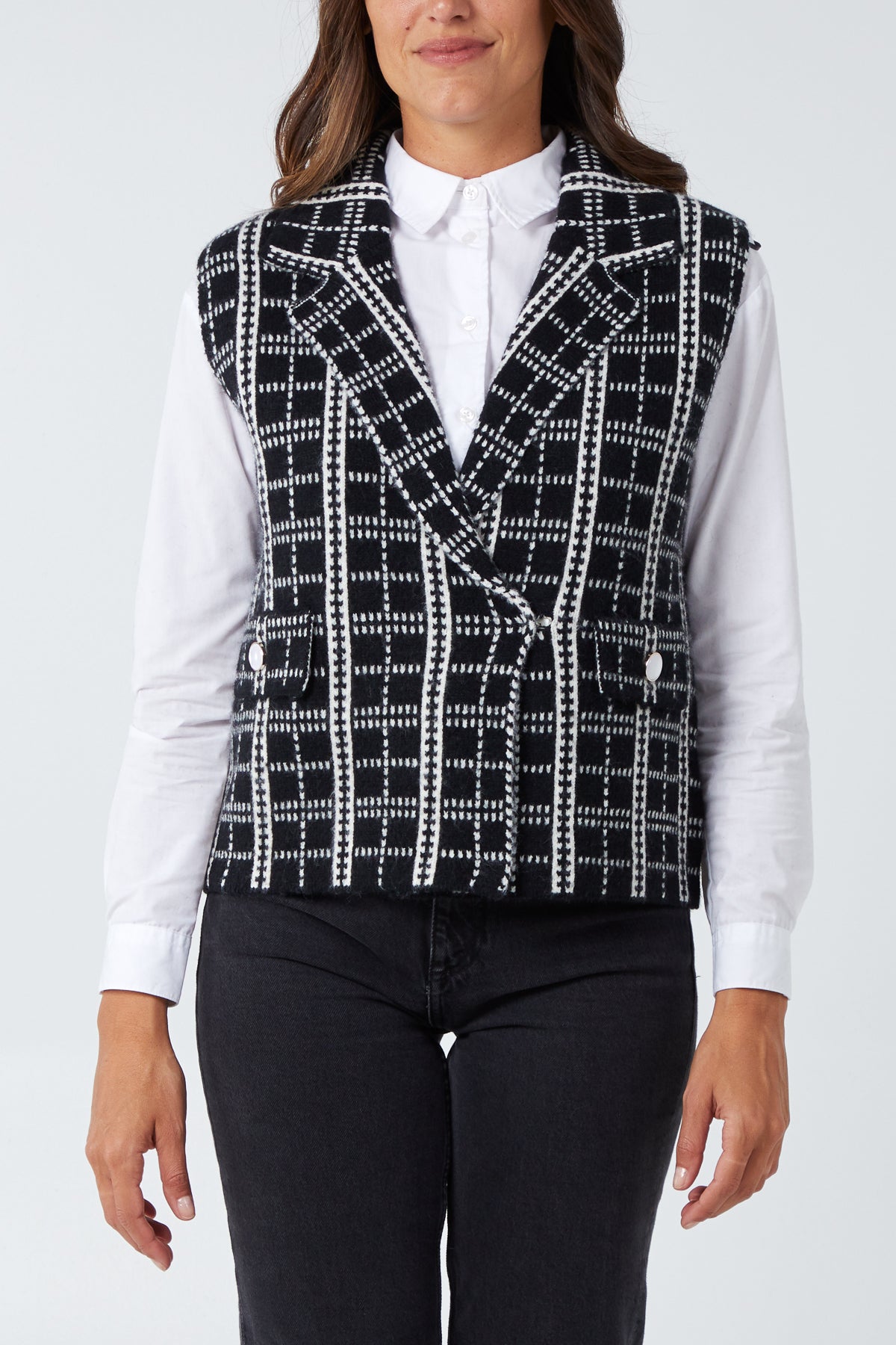 Checked Knitted Vest With Buttoned Faux Pockets