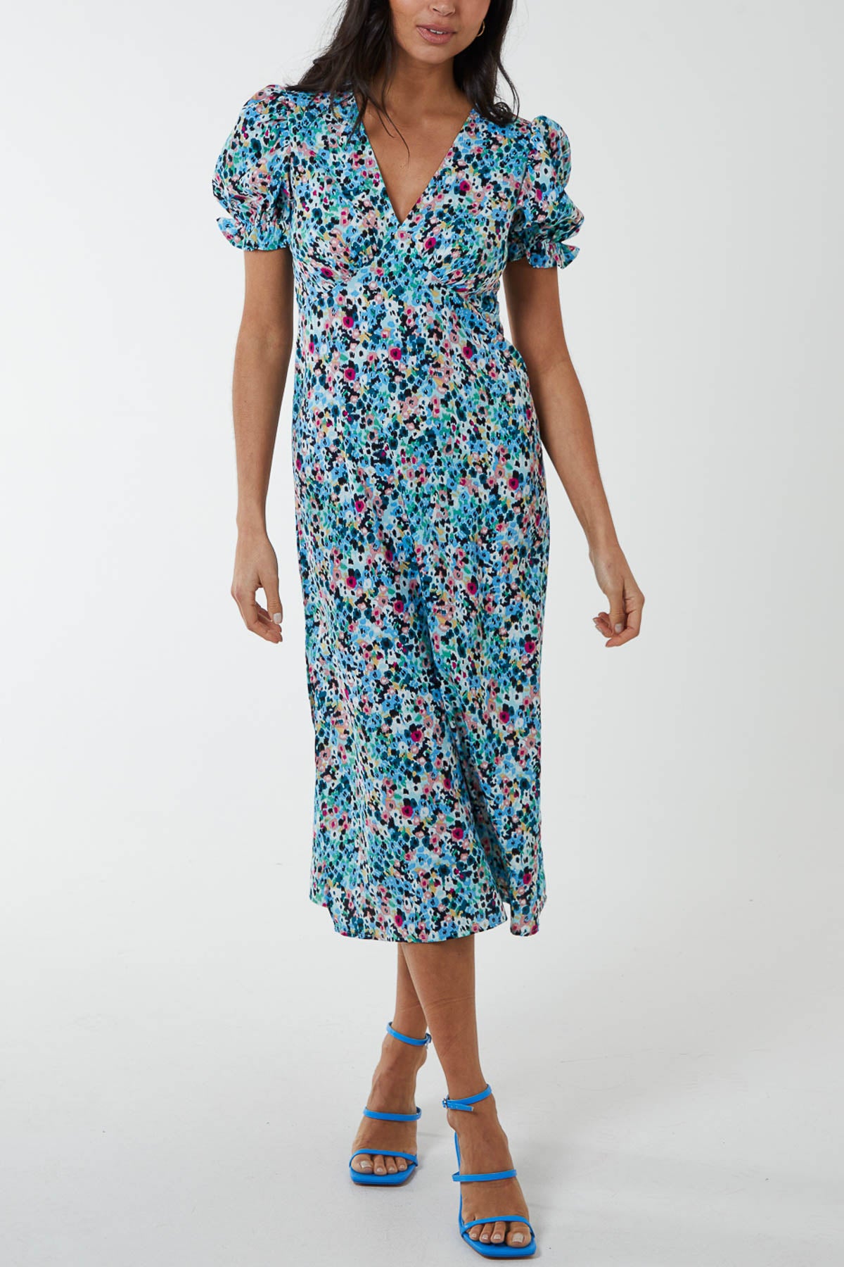Frill Puff Sleeve Floral Midi Dress