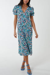 Frill Puff Sleeve Floral Midi Dress