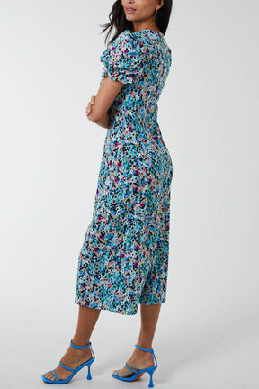 Frill Puff Sleeve Floral Midi Dress