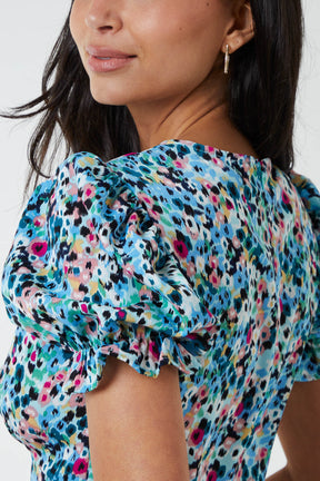 Frill Puff Sleeve Floral Midi Dress