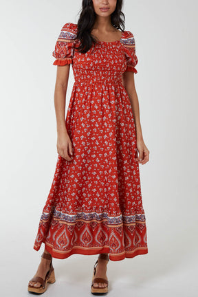 Shirred Floral Puff Sleeve Maxi Dress