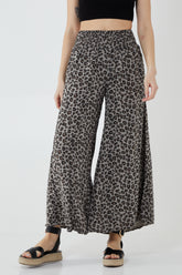 Leopard Print Ruched Waist Wide Leg Trousers