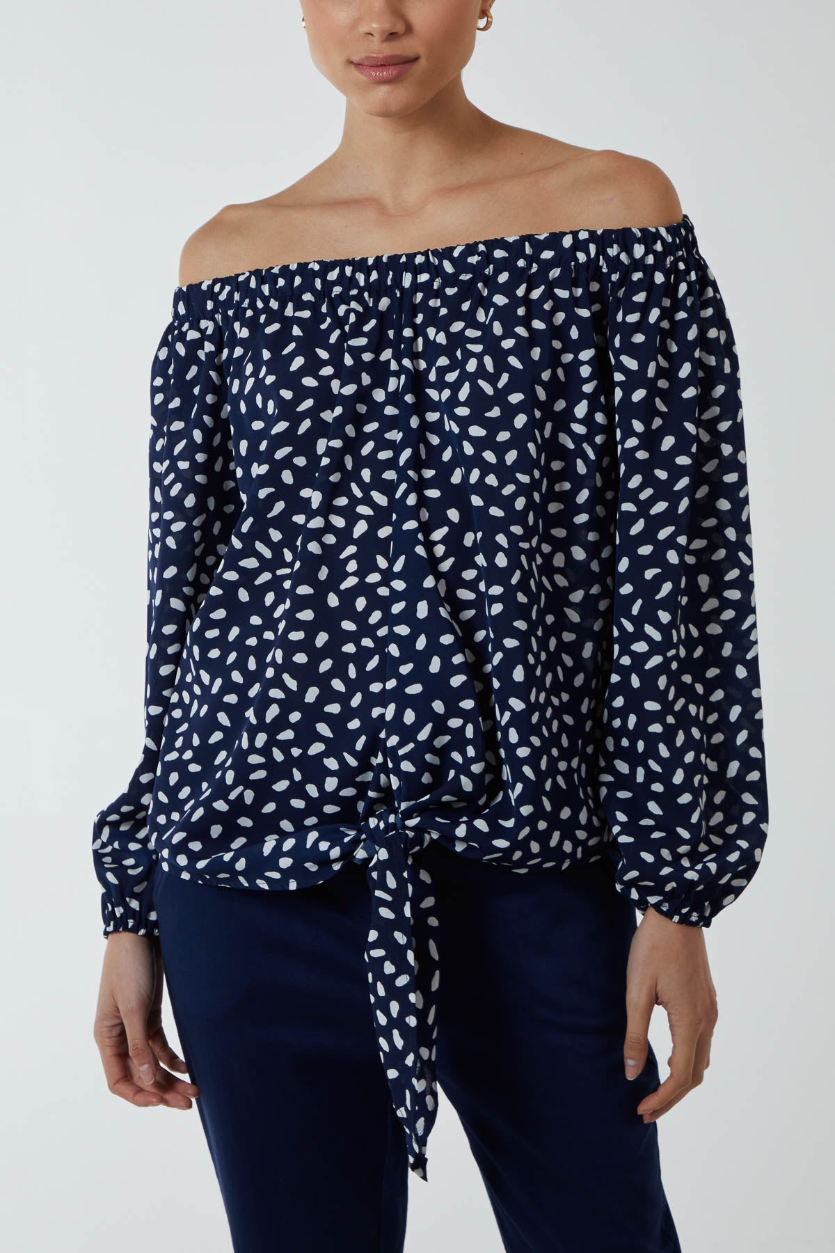 Abstract Dot Off Shoulder Balloon Sleeve Knot Top
