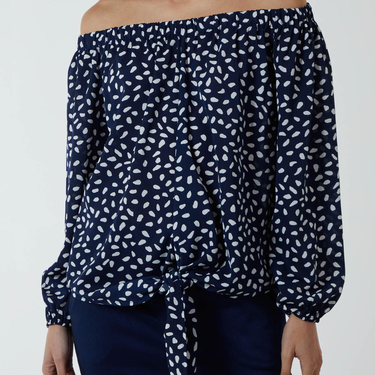 Abstract Dot Off Shoulder Balloon Sleeve Knot Top