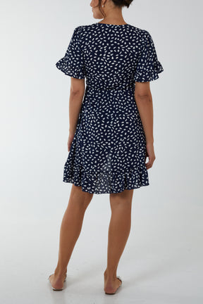 Abstract Polkadot Wrap Front Side Tie Mini Dress