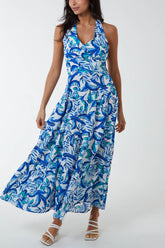 Halterneck Printed Large Floral Maxi Dress