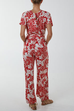 Crossover Short Sleeve Floral Jumpsuit