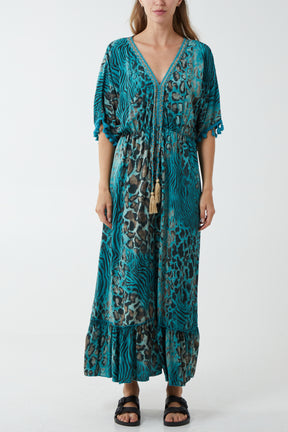 Leopard Tiered Tassel Trim Midi Dress