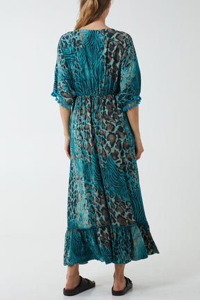 Leopard Tiered Tassel Trim Midi Dress