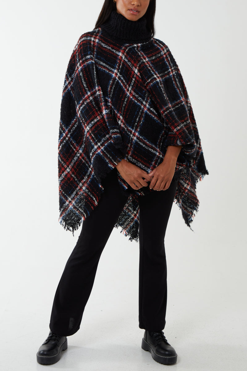 Plaid Roll Neck Tassel Poncho