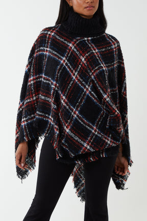 Tartan Roll Neck Tassel Poncho