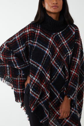 Tartan Roll Neck Tassel Poncho