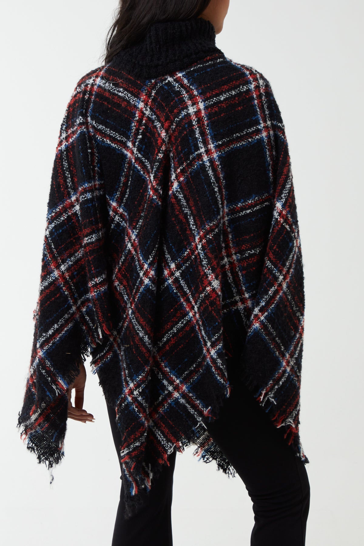 Tartan Roll Neck Tassel Poncho